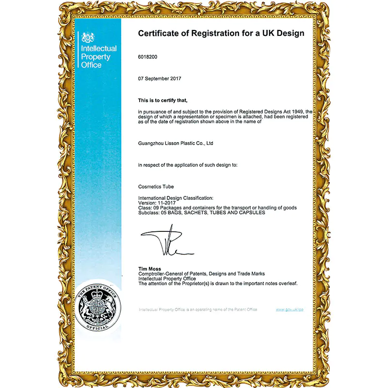 Certificate of Registration for a UK Design