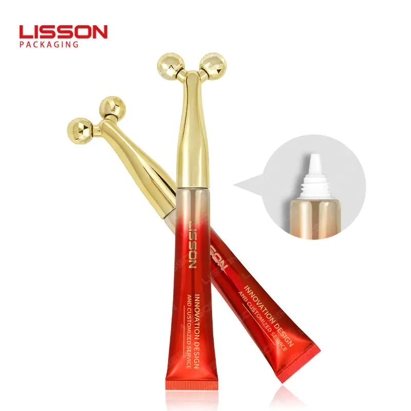 Dual roller massage squeeze tube glossy gradient from vibrant red to shimmering gold